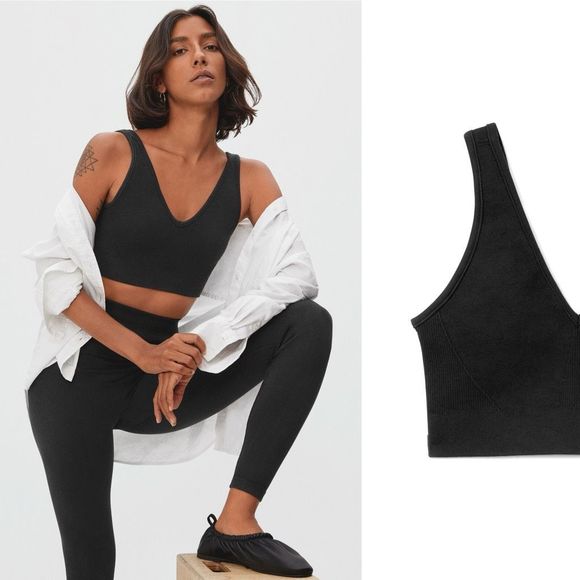 NEW Everlane The Seamless Bra Small Black Ribbed Knit Wireless Lounge Longline - Picture 5 of 6